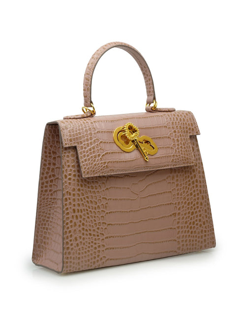 Load image into Gallery viewer, Lady Cardinal Time Keys Tea Rose croc embossed leather bag
