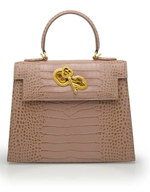 Load image into Gallery viewer, Lady Cardinal Time Keys Tea Rose croc embossed leather bag
