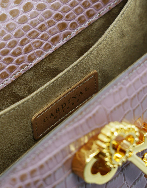 Load image into Gallery viewer, Lady Cardinal Time Keys Tea Rose croc embossed leather bag
