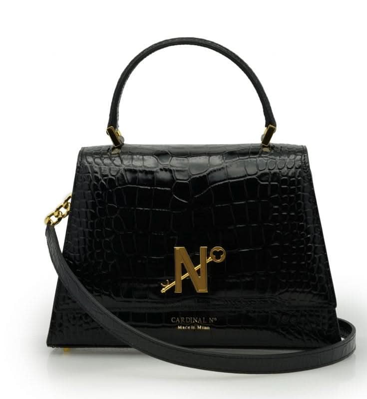 حقيبة يد ليدي ميلانو من الجلد الأسود المنقوش بنقشة جلد التمساح