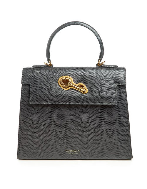 Load image into Gallery viewer, Lady Cardinal Time Keys Lizard embossed grey leather bag MTO
