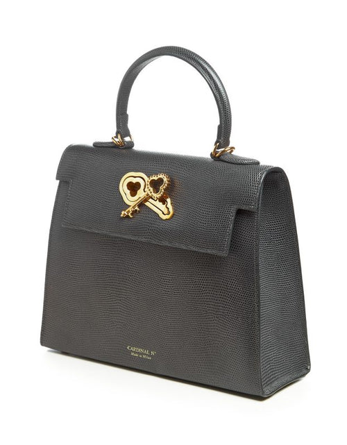 Load image into Gallery viewer, Lady Cardinal Time Keys Lizard embossed grey leather bag MTO
