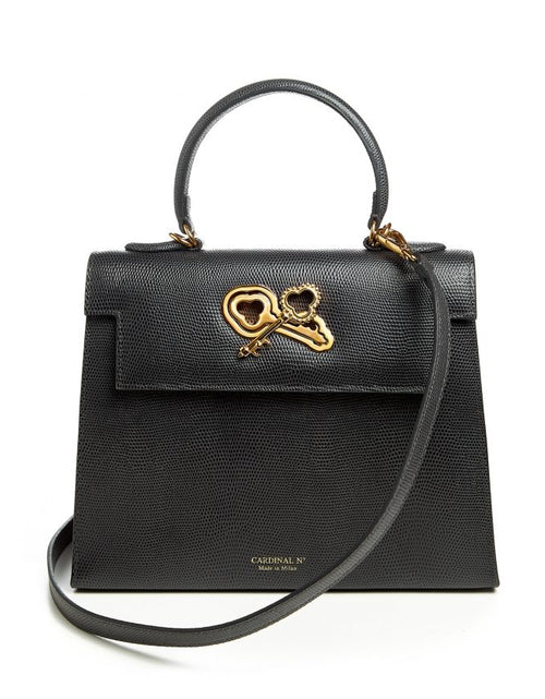 Load image into Gallery viewer, Lady Cardinal Time Keys Lizard embossed grey leather bag MTO
