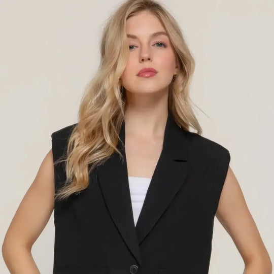 Ivorynn Women's Black Wide Collar Blazer with Shoulder Pads