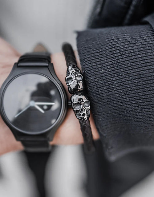 Load image into Gallery viewer, SkeletonHD Black Skull Leather Bracelet

