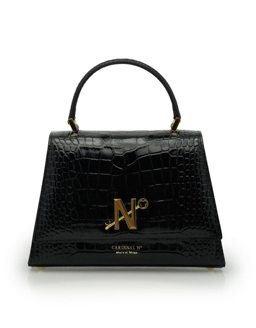 تحميل الصورة إلى عارض المعرض، حقيبة يد ليدي ميلانو من الجلد الأسود المنقوش بنقشة جلد التمساح
