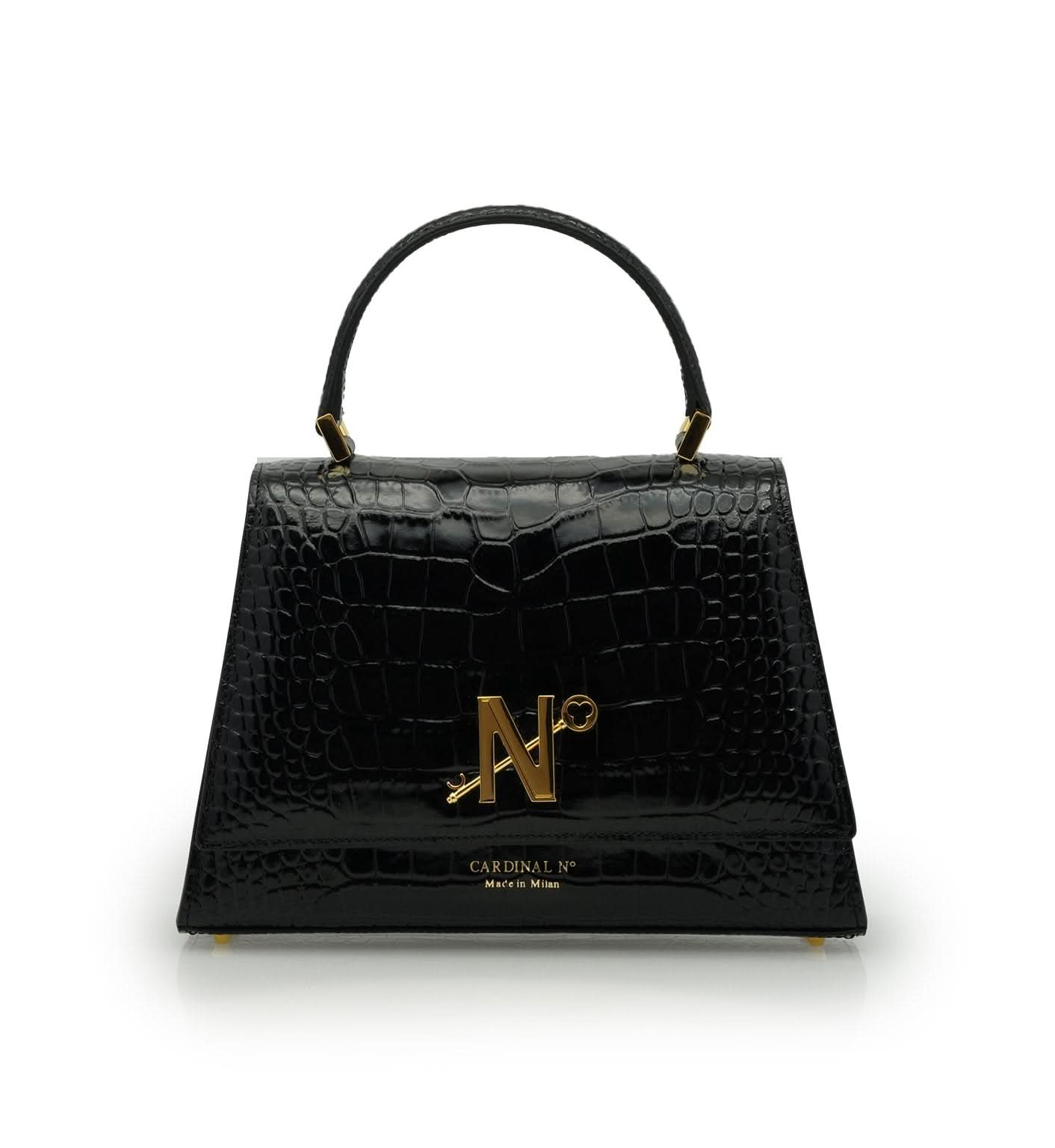حقيبة يد ليدي ميلانو من الجلد الأسود المنقوش بنقشة جلد التمساح