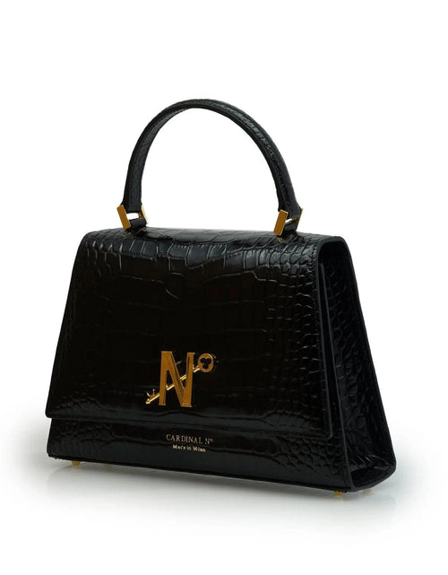 تحميل الصورة إلى عارض المعرض، حقيبة يد ليدي ميلانو من الجلد الأسود المنقوش بنقشة جلد التمساح
