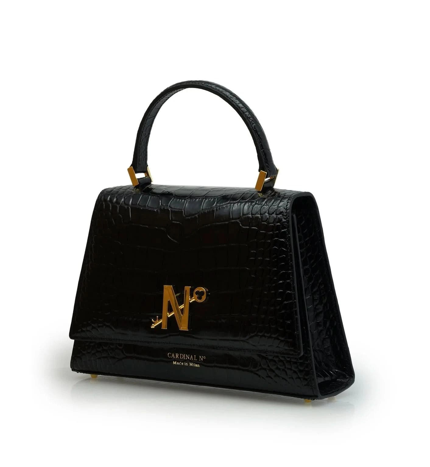 حقيبة يد ليدي ميلانو من الجلد الأسود المنقوش بنقشة جلد التمساح