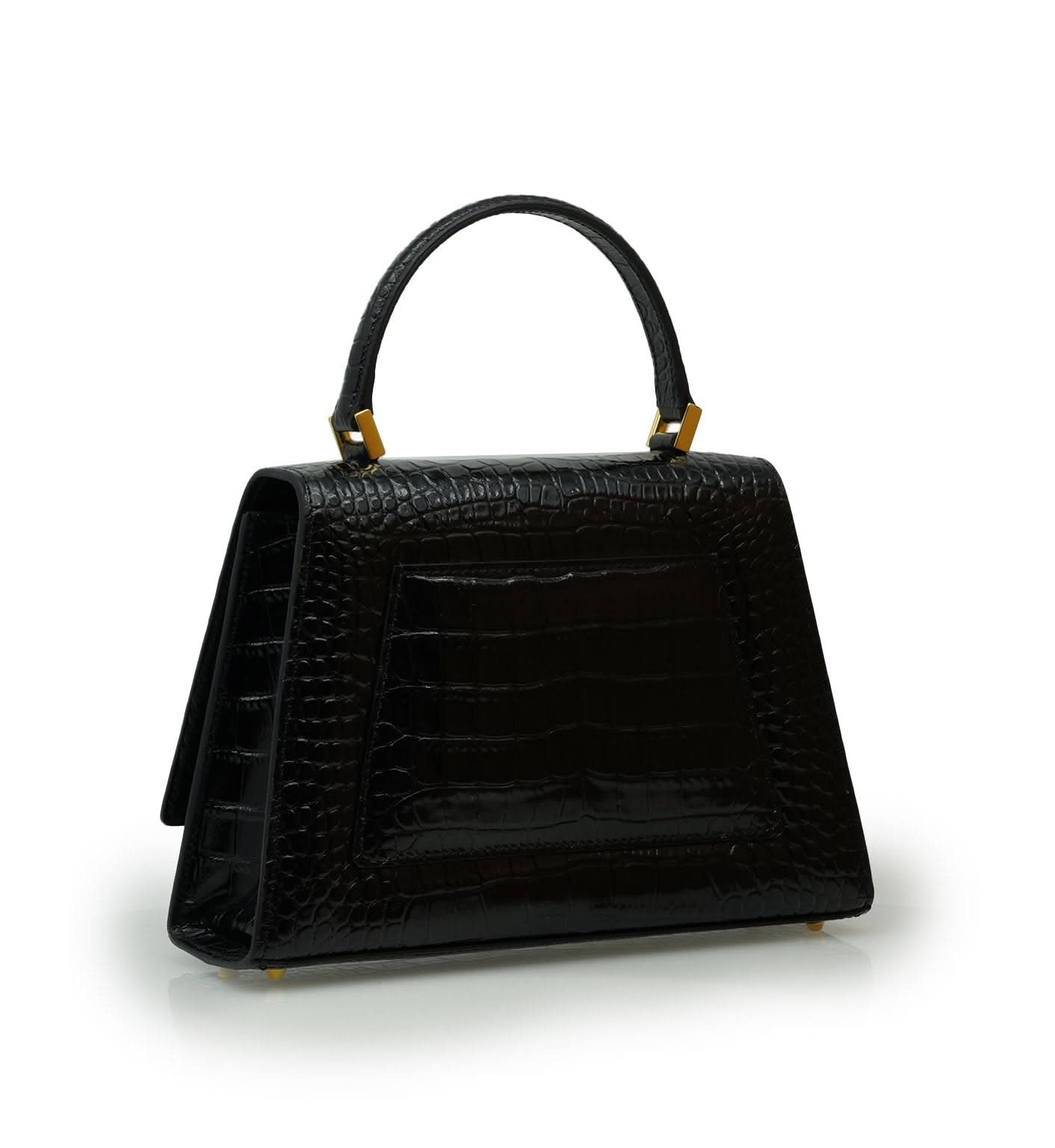 حقيبة يد ليدي ميلانو من الجلد الأسود المنقوش بنقشة جلد التمساح