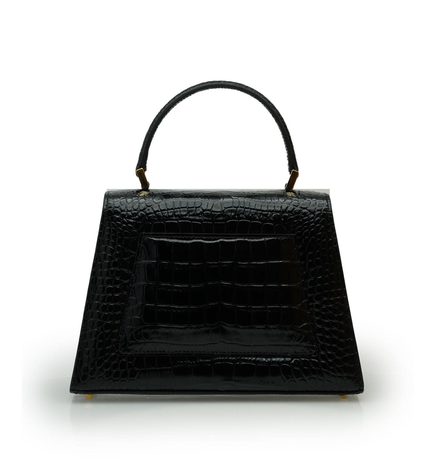 حقيبة يد ليدي ميلانو من الجلد الأسود المنقوش بنقشة جلد التمساح