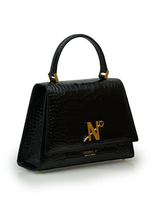 تحميل الصورة إلى عارض المعرض، حقيبة يد ليدي ميلانو من الجلد الأسود المنقوش بنقشة جلد التمساح
