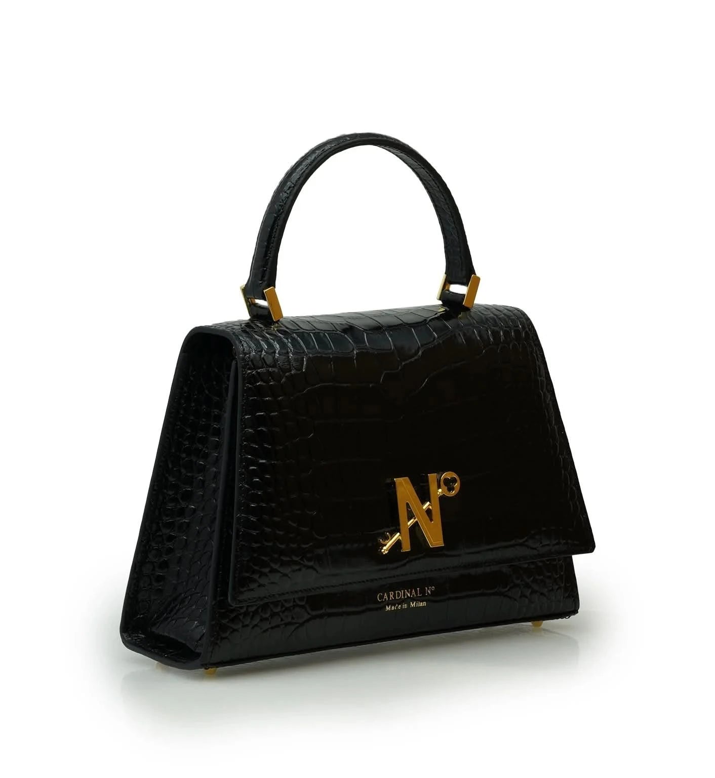حقيبة يد ليدي ميلانو من الجلد الأسود المنقوش بنقشة جلد التمساح