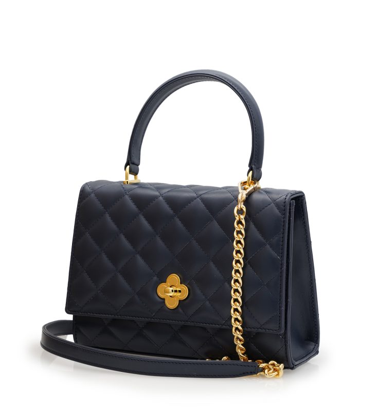 Opèra Quilted Flower-twist navy blue leather bag