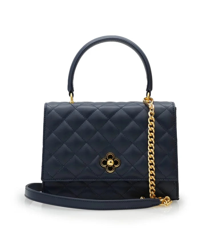 Opèra Quilted Flower-twist navy blue leather bag