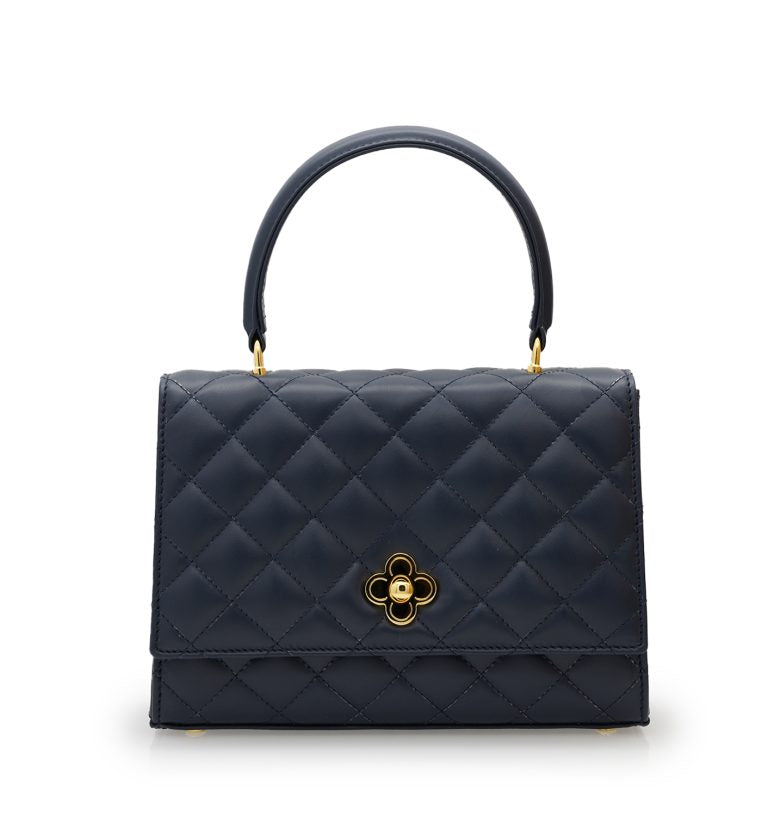 Opèra Quilted Flower-twist navy blue leather bag