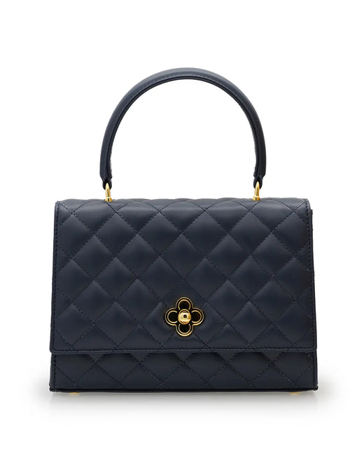Load image into Gallery viewer, Opèra Flower Twist Navy Blue Quilted Calf Leather Handbag
