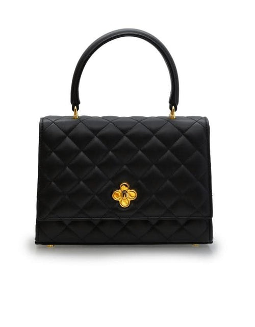 تحميل الصورة إلى عارض المعرض، حقيبة أوبرا الجلدية السوداء المبطنة بسلسلة على شكل زهرة ملتوية
