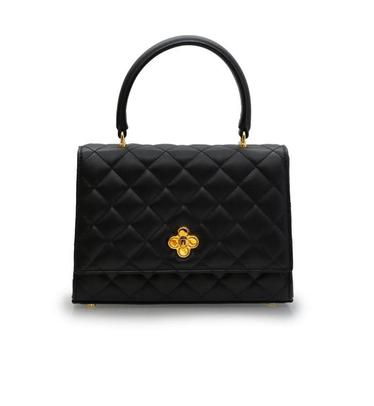 حقيبة أوبرا الجلدية السوداء المبطنة بسلسلة على شكل زهرة ملتوية