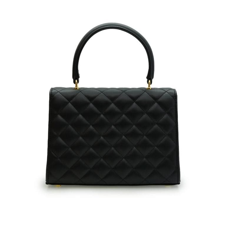 حقيبة أوبرا الجلدية السوداء المبطنة بسلسلة على شكل زهرة ملتوية