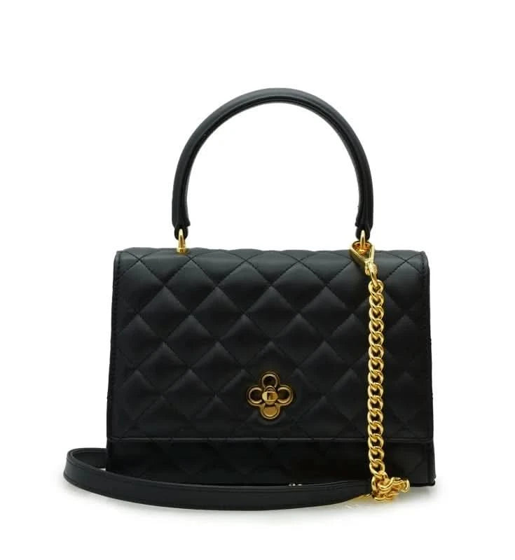 حقيبة أوبرا الجلدية السوداء المبطنة بسلسلة على شكل زهرة ملتوية