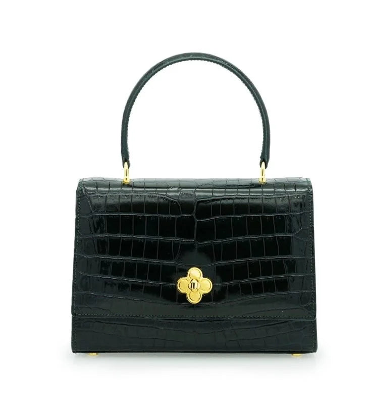 Opèra croc embossed dark green leather bag