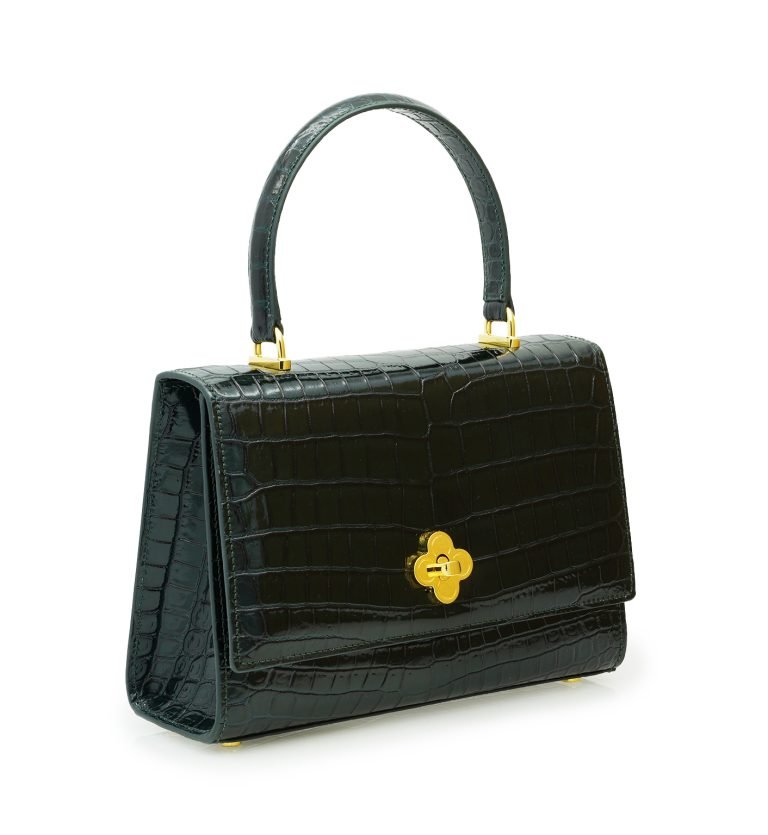 Opèra croc embossed dark green leather bag