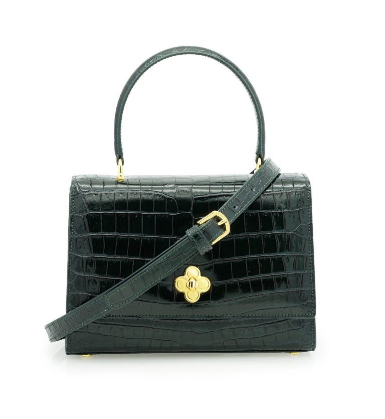 Opèra croc embossed dark green leather bag