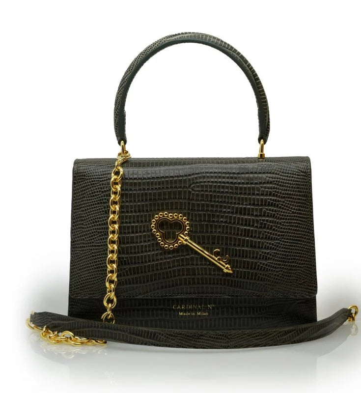 Opèra key embellished lizard-effect grey leather bag