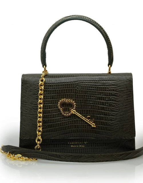Load image into Gallery viewer, Opèra key embellished lizard-effect grey leather bag
