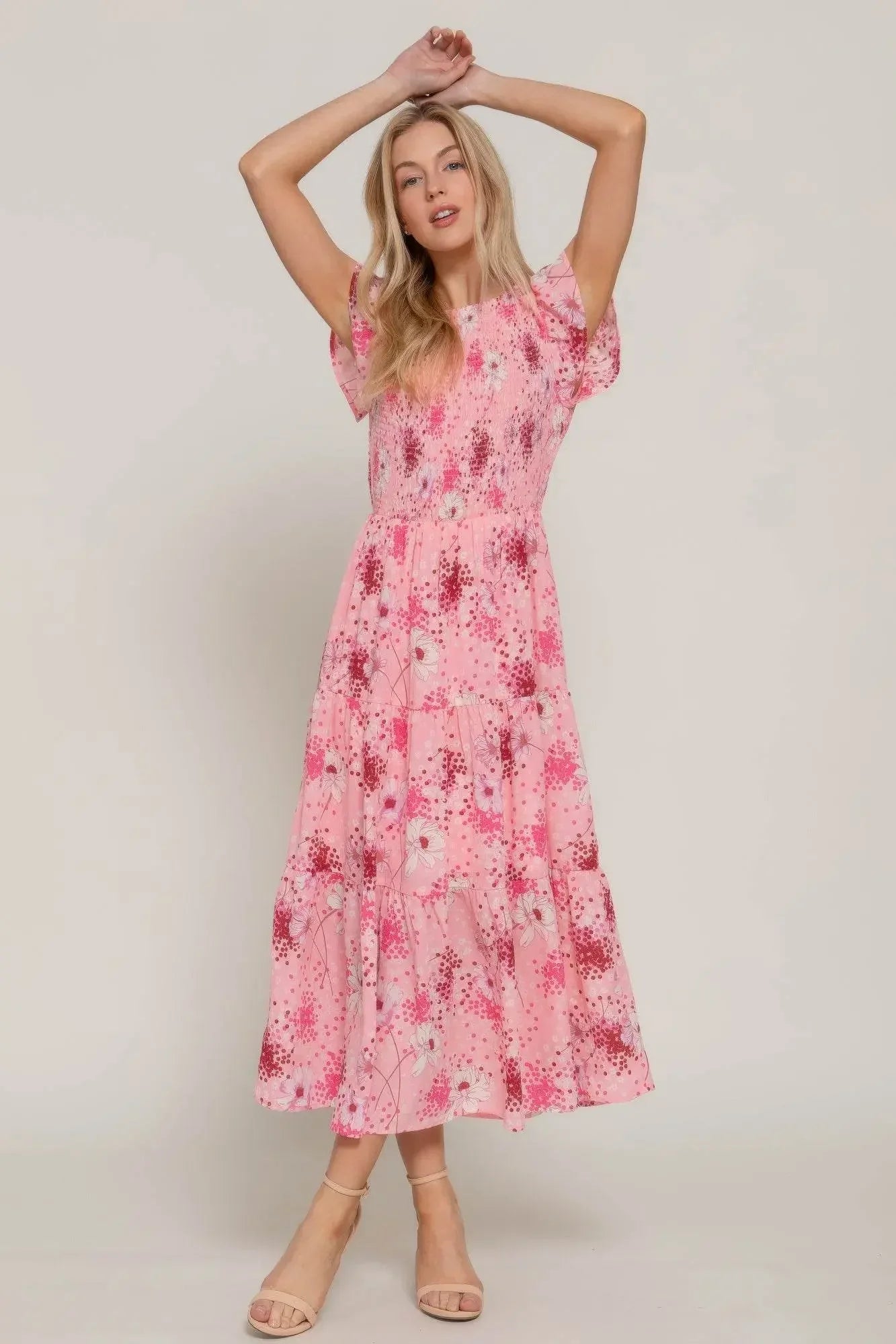 Ivorynn Women's Floral Embroidered Pink Long Sleeve Dress