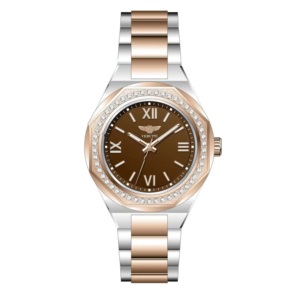 Women’s Luxury Watch Verutti  VR-1043-4 – Brown Dial, Two-Tone Bracelet
