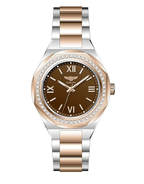تحميل الصورة إلى عارض المعرض، Women’s Luxury Watch Verutti  VR-1043-4 – Brown Dial, Two-Tone Bracelet
