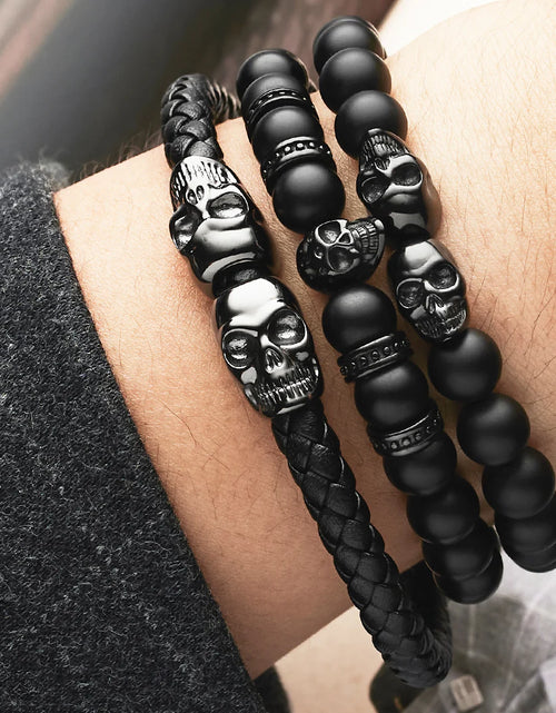 Load image into Gallery viewer, SkeletonHD Black Skull Leather Bracelet
