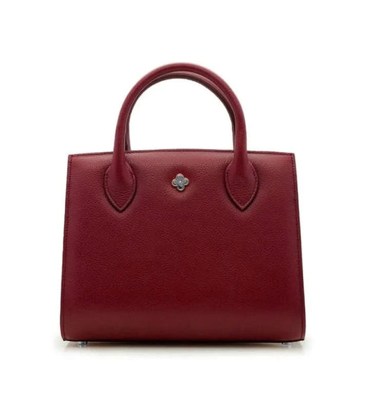 حقيبة توت صغيرة من الجلد باللون العنابي بتصميم زهرة ذهبية بيضاء