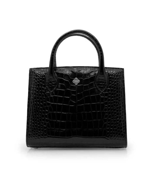 حقيبة توت صغيرة من جلد التمساح الأسود على شكل زهرة ذهبية بيضاء