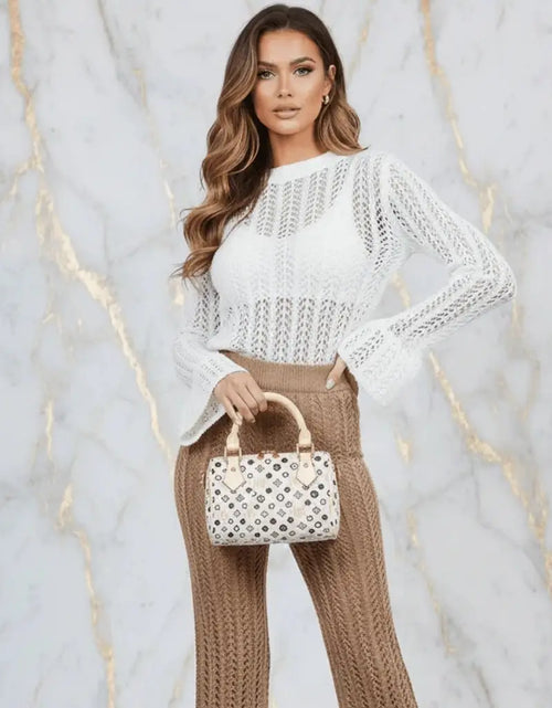 تحميل الصورة إلى عارض المعرض، IVORYNN Women's White Open Knit Sleeveless Top &amp; Camel Wide Leg Pants Set  بدائل قوية:
