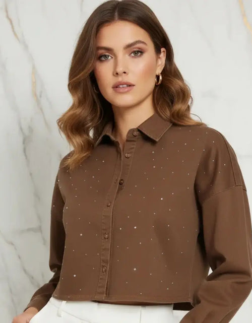 Load image into Gallery viewer, IVORYNN Women's Brown Rhinestone Button-Up Cropped Shirt
