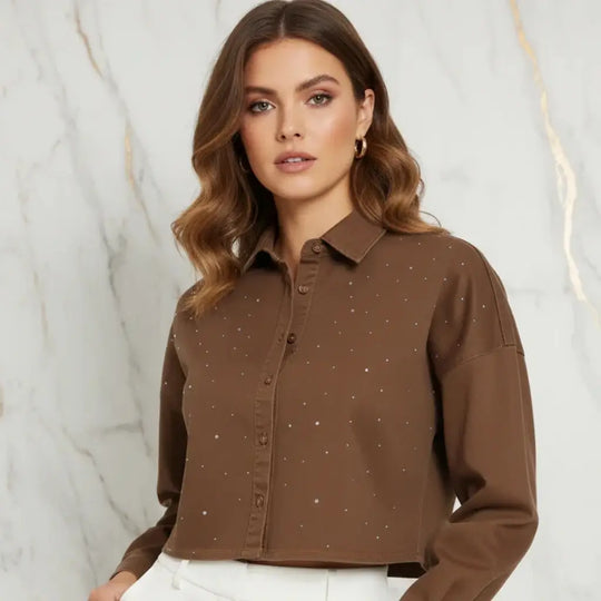 IVORYNN Women's Brown Rhinestone Button-Up Cropped Shirt