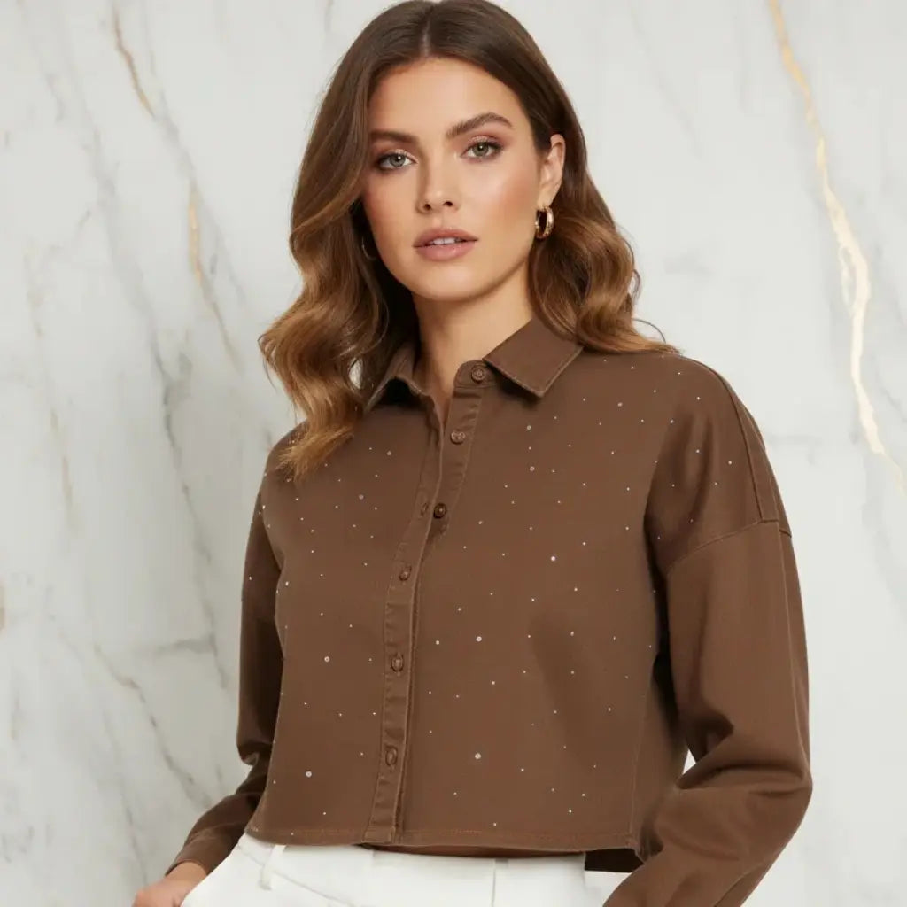 IVORYNN Women's Brown Rhinestone Button-Up Cropped Shirt
