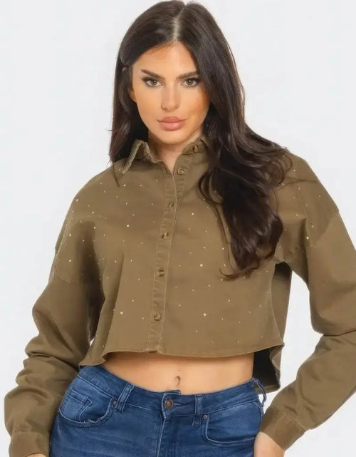 Load image into Gallery viewer, IVORYNN Women's Olive Green Rhinestone Button-Up Cropped Shirt
