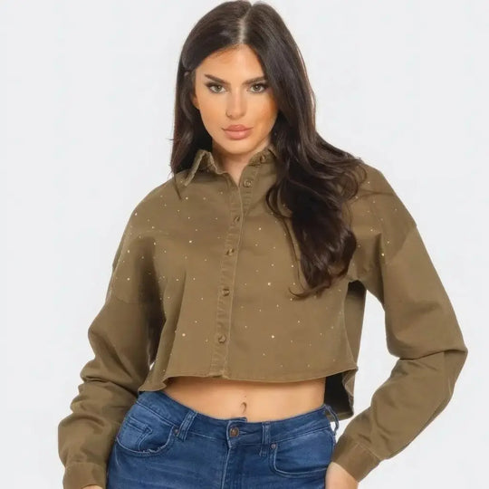 IVORYNN Women's Olive Green Rhinestone Button-Up Cropped Shirt