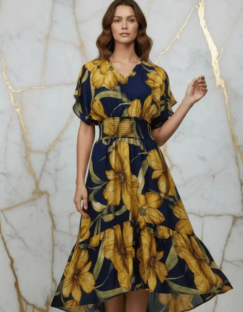 Load image into Gallery viewer, IVORYNN Women's Navy Blue Floral Print Smocked Waist Midi Dress

