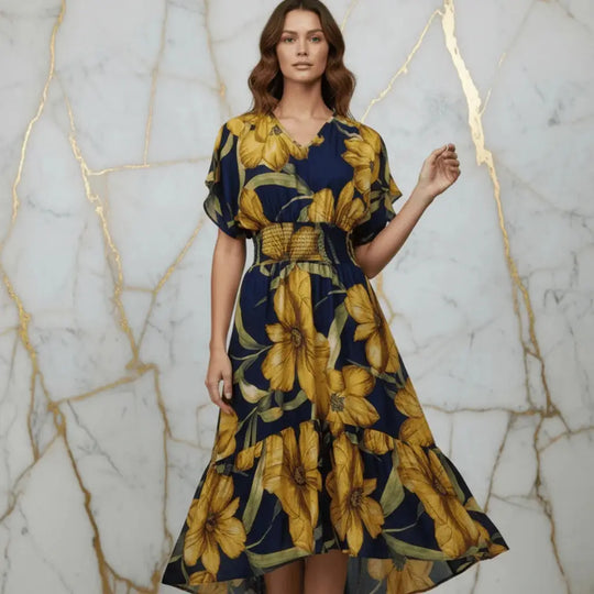 IVORYNN Women's Navy Blue Floral Print Smocked Waist Midi Dress