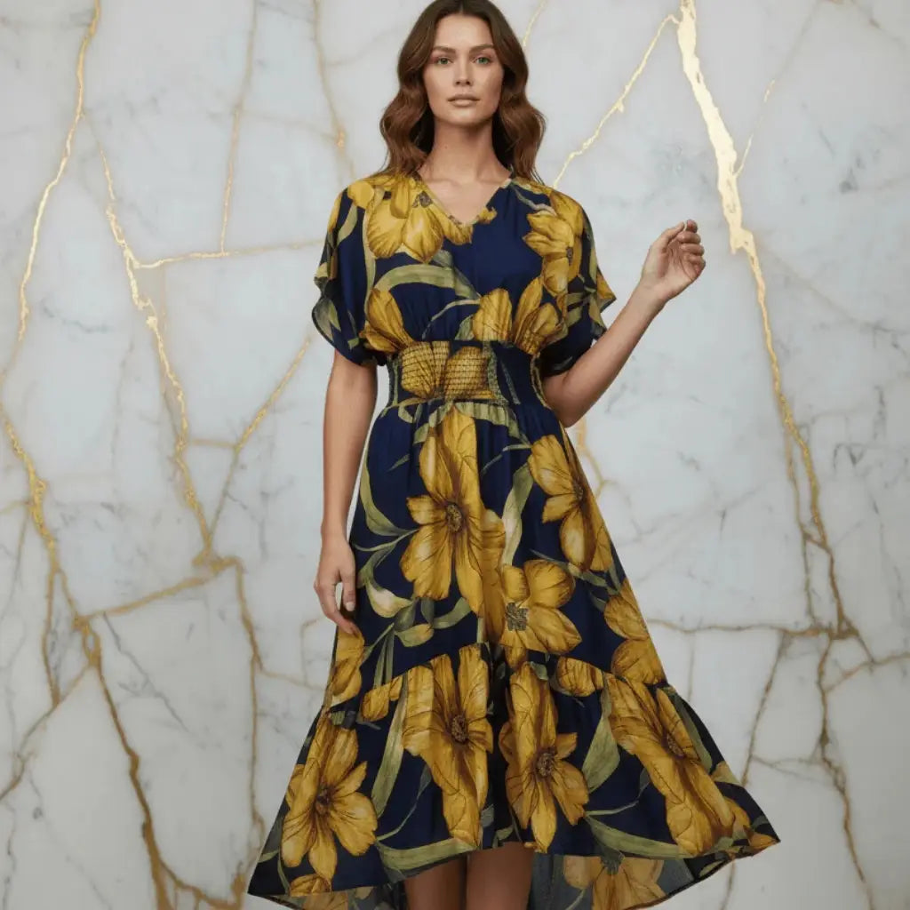 IVORYNN Women's Navy Blue Floral Print Smocked Waist Midi Dress
