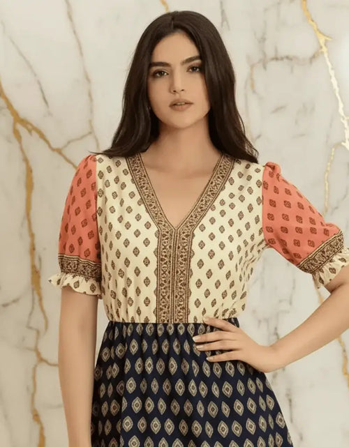 Load image into Gallery viewer, IVORYNN Women's Boho Print V-Neck Puff Sleeve Mini Dress
