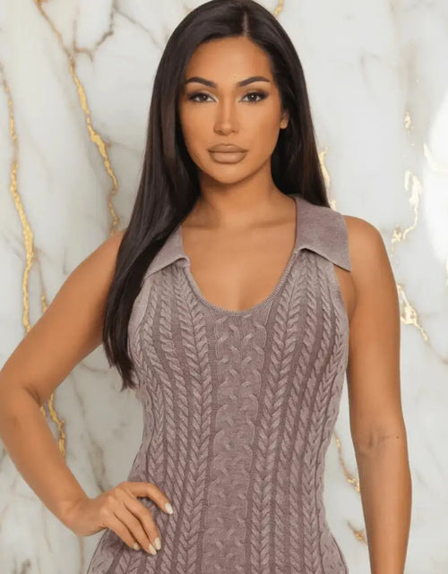 Load image into Gallery viewer, IVORYNN Women's Taupe Cable Knit Collared Bodycon Mini Dress
