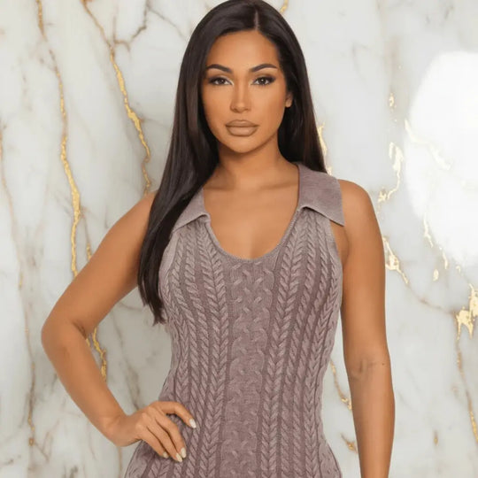 IVORYNN Women's Taupe Cable Knit Collared Bodycon Mini Dress
