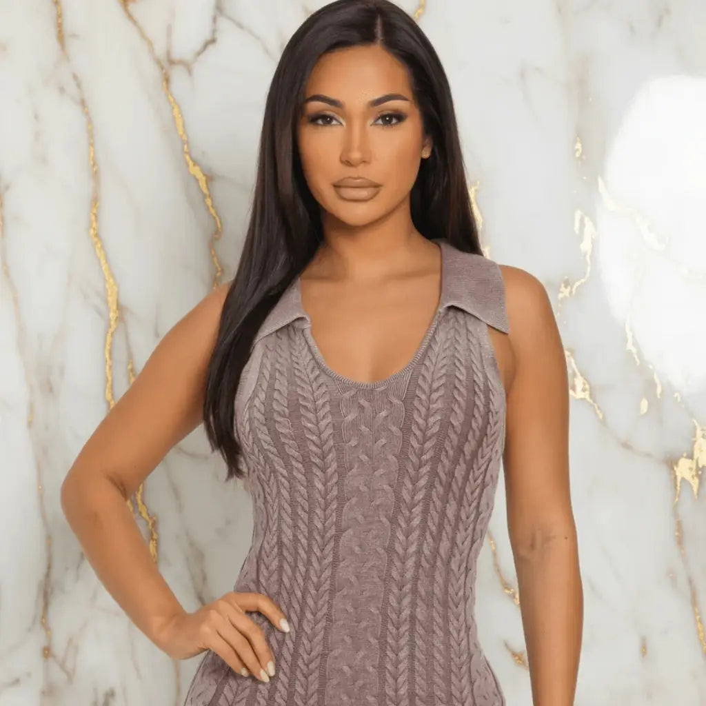 IVORYNN Women's Taupe Cable Knit Collared Bodycon Mini Dress