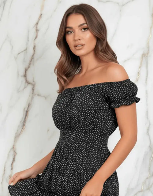 Load image into Gallery viewer, IVORYNN Women's Black Floral Off-Shoulder Smocked Mini Dress
